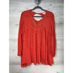 Adiva Tunic Top Womens Large Red Long Sleeve Boho Lace Crochet Peasant Blouse